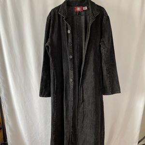 Vintage red balls on fire black denim trench coat